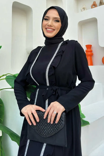 Boydan Fırfırlı Yelekli Elbise Takım 8489 Siyah - Resim 4