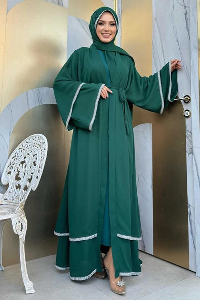 Taş İşlemeli Kat Detay Şallı Abaya 7883 Zümrüt