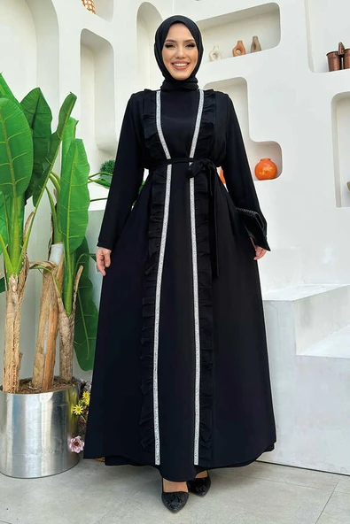 Boydan Fırfırlı Yelekli Elbise Takım 8489 Siyah - Resim 5