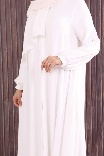 Fermuarlı Kol Manşetleri Büzgülü Mevlana Ferace 6007 Ekru - Resim 6