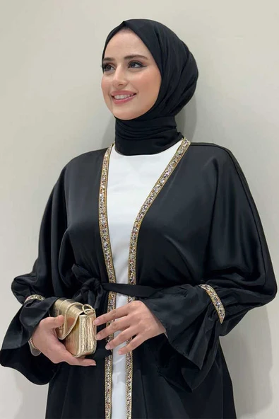 Taş İşleme Detaylı Kuşaklı Elbiseli Abaya Takım 3860 Siyah - Resim 4