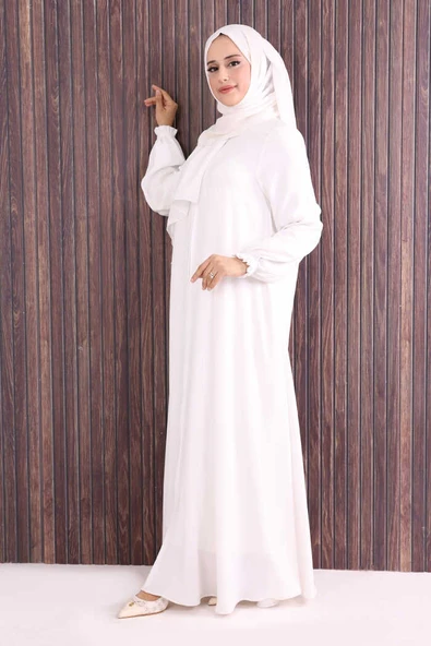 Fermuarlı Kol Manşetleri Büzgülü Mevlana Ferace 6007 Ekru - Resim 3