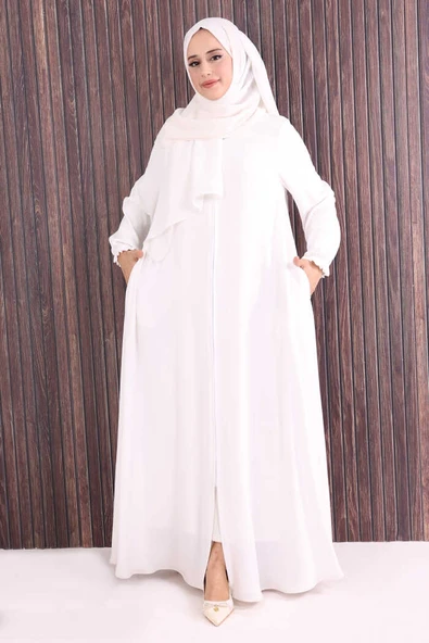 Fermuarlı Kol Manşetleri Büzgülü Mevlana Ferace 6007 Ekru - Resim 2