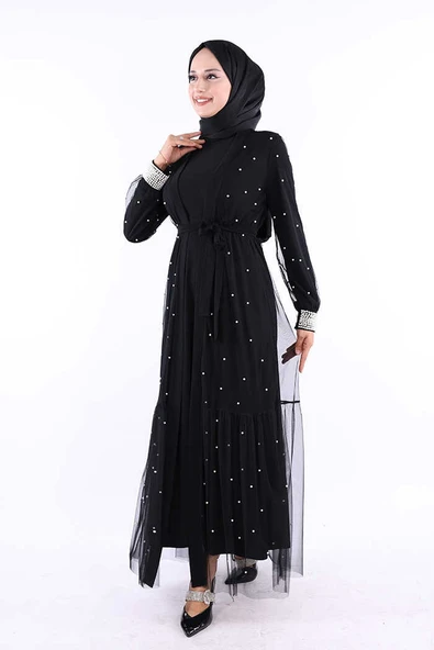 İncili Abaya Ve Elbise Takım 8491 Siyah - 2