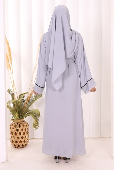 Zincir Püskül Detay Şallı Abaya 7887 Gri - Resim 4