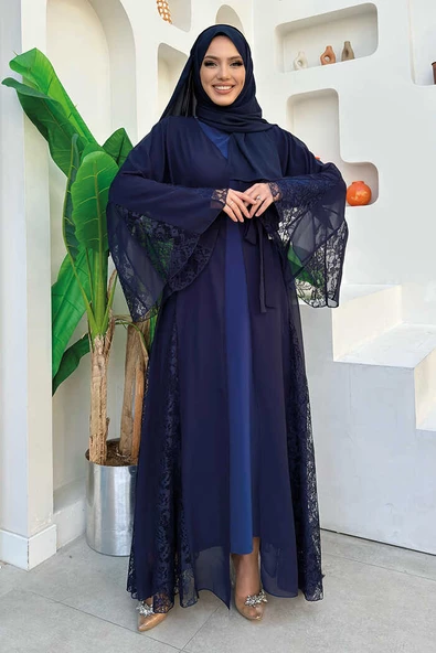 Dantel İşleme Detay Kuşaklı Şifon Abaya 7886 Lacivert