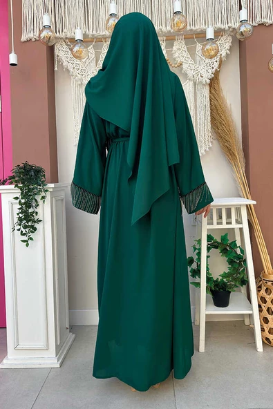 Zincir Püskül Detay Şallı Abaya 7887 Zümrüt - 2