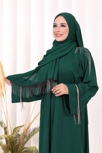 Zincir Püskül Detay Şallı Abaya 7887 Zümrüt - Resim 6