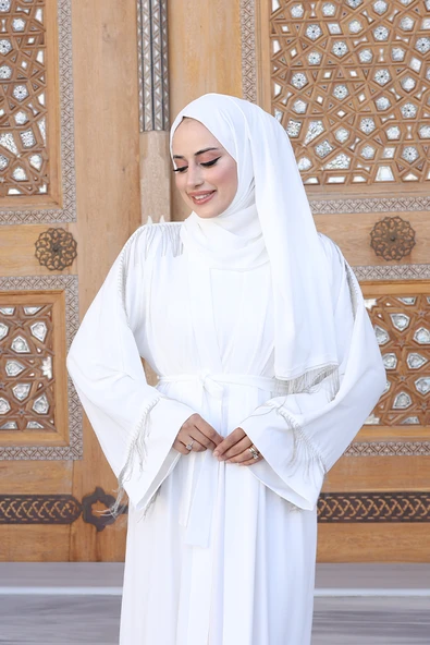 Zincir Püskül Detay Şallı Abaya 7887 Ekru - Resim 5