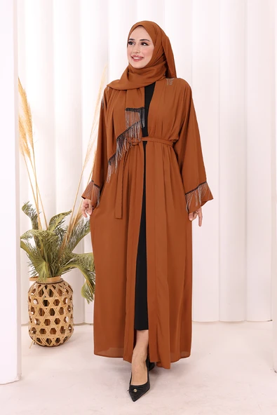 Zincir Püskül Detay Şallı Abaya 7887 Taba - Resim 2