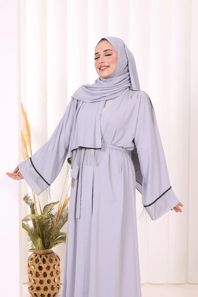 Zincir Püskül Detay Şallı Abaya 7887 Gri - Resim 5