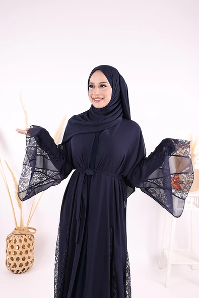 Dantel İşleme Detay Kuşaklı Şifon Abaya 7886 Lacivert - Resim 5