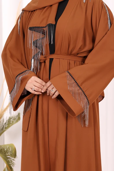 Zincir Püskül Detay Şallı Abaya 7887 Taba - Resim 6