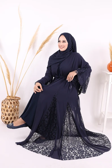 Dantel İşleme Detay Kuşaklı Şifon Abaya 7886 Lacivert ürün görseli