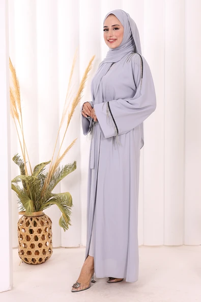 Zincir Püskül Detay Şallı Abaya 7887 Gri - Resim 3