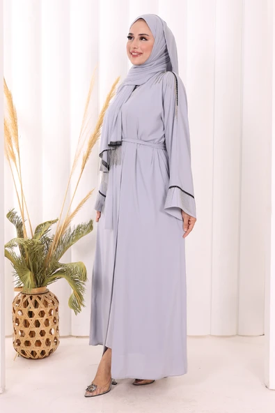 Zincir Püskül Detay Şallı Abaya 7887 Gri - Resim 2