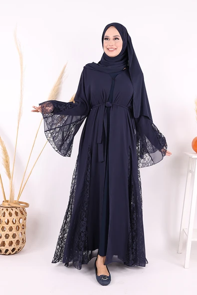 Dantel İşleme Detay Kuşaklı Şifon Abaya 7886 Lacivert - Resim 2