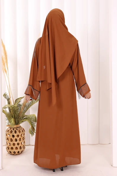 Zincir Püskül Detay Şallı Abaya 7887 Taba - Resim 4