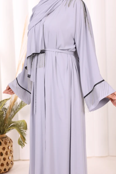 Zincir Püskül Detay Şallı Abaya 7887 Gri - Resim 6