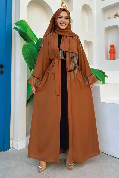 Zincir Püskül Detay Şallı Abaya 7887 Taba