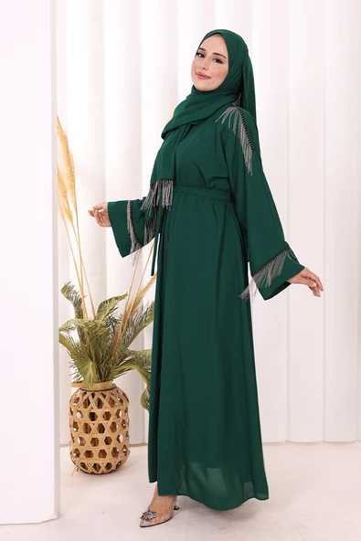 Zincir Püskül Detay Şallı Abaya 7887 Zümrüt - Resim 3