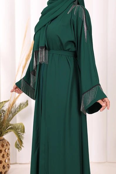 Zincir Püskül Detay Şallı Abaya 7887 Zümrüt - Resim 7