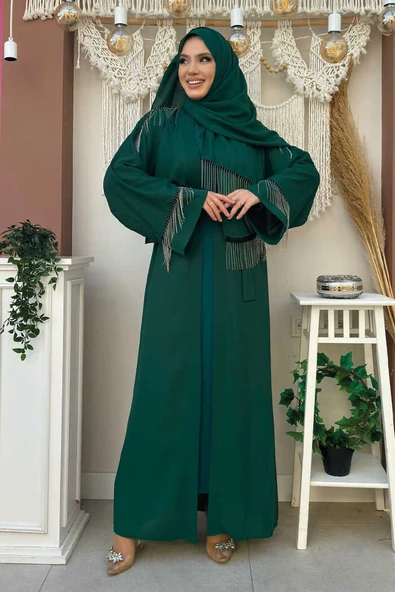 Zincir Püskül Detay Şallı Abaya 7887 Zümrüt