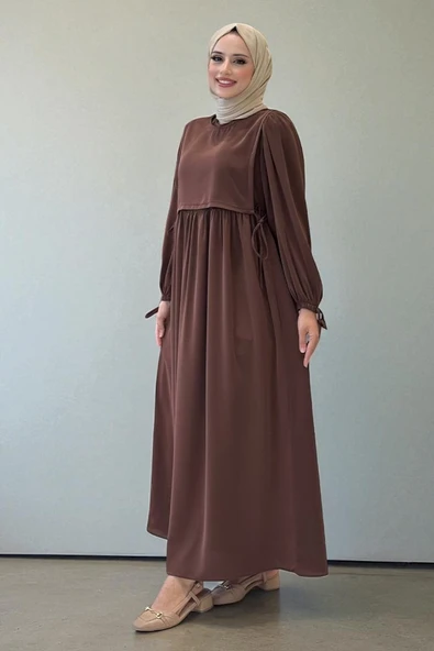 Çift Katlı Bağlama Detay Elbise 6003 Kahverengi - 3
