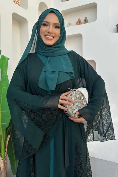Dantel İşleme Detay Kuşaklı Şifon Abaya 7886 Zümrüt - Resim 11