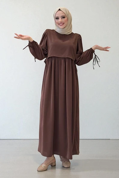 Çift Katlı Bağlama Detay Elbise 6003 Kahverengi