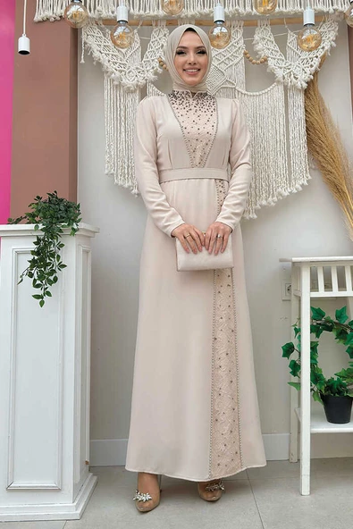 Taşlı Krep Dantel Elbise 3870 Taş