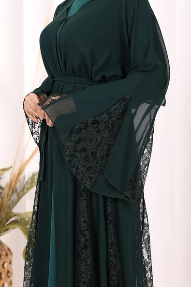 Dantel İşleme Detay Kuşaklı Şifon Abaya 7886 Zümrüt - Resim 7