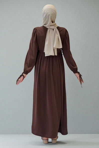 Çift Katlı Bağlama Detay Elbise 6003 Kahverengi - 2