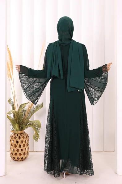 Dantel İşleme Detay Kuşaklı Şifon Abaya 7886 Zümrüt - Resim 5