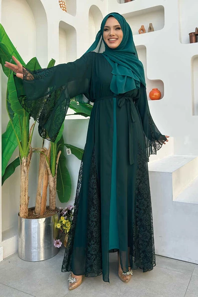 Dantel İşleme Detay Kuşaklı Şifon Abaya 7886 Zümrüt