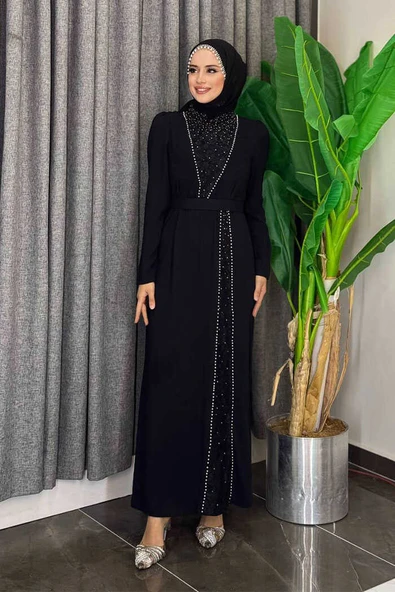 Taşlı Krep Dantel Elbise 3870 Siyah
