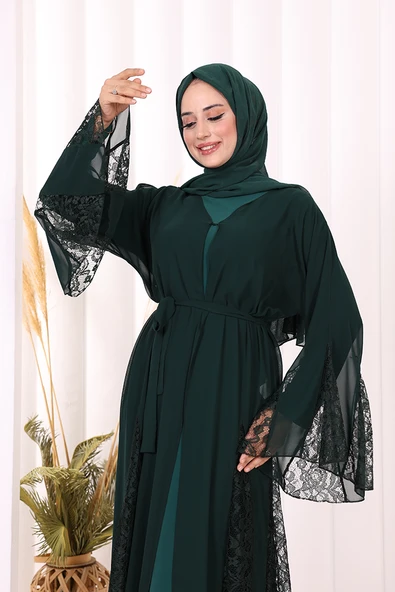 Dantel İşleme Detay Kuşaklı Şifon Abaya 7886 Zümrüt - Resim 6