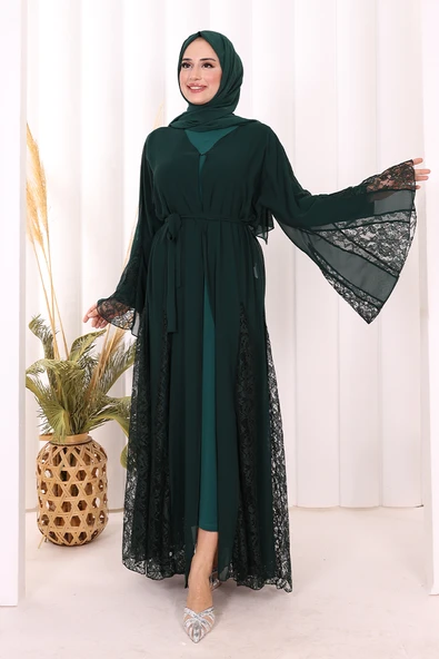Dantel İşleme Detay Kuşaklı Şifon Abaya 7886 Zümrüt - Resim 2