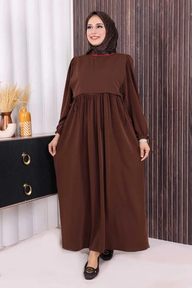 Çift Katlı Bağlama Detay Elbise 6003 Kahverengi ürün görseli 1