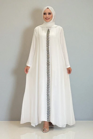 Pelerinli Ön Kısım İşleme Detay Şallı Elbise 3868 Ekru