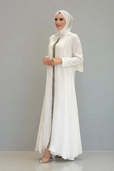 Pelerinli Ön Kısım İşleme Detay Şallı Elbise 3868 Ekru - 2