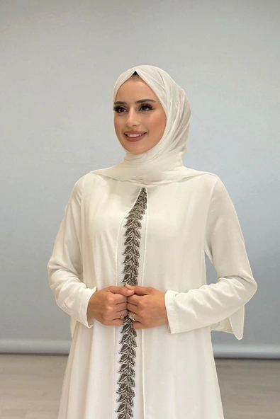 Pelerinli Ön Kısım İşleme Detay Şallı Elbise 3868 Ekru - 3