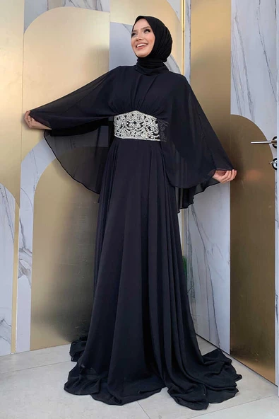 Pelerinli Bel Taş İşleme Detay Şifon Abiye Elbise 5001 Siyah - Resim 2