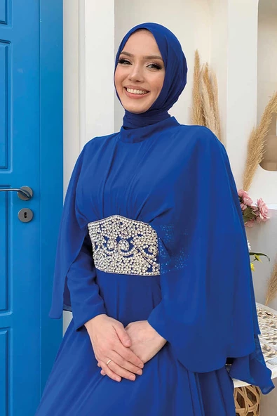 Pelerinli Bel Taş İşleme Detay Şifon Abiye Elbise 5001 Saks - Resim 4