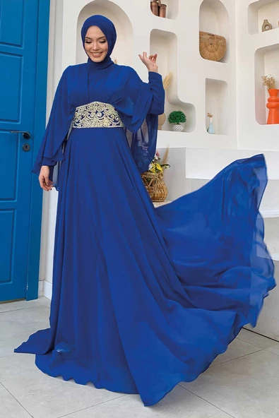 Pelerinli Bel Taş İşleme Detay Şifon Abiye Elbise 5001 Saks - Resim 3