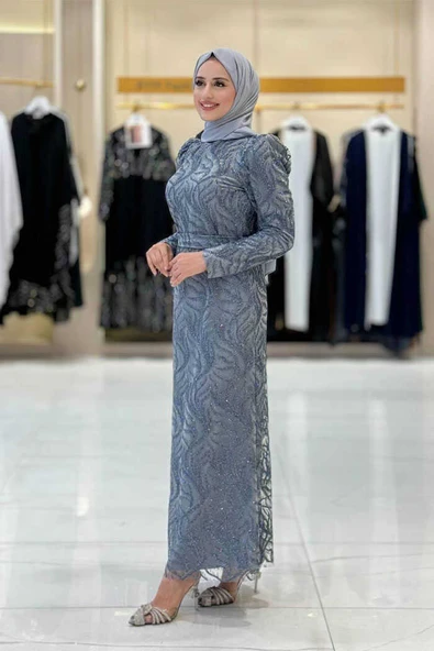 Dal Desenli Simli Tül Abiye Elbise 1140 Gri - Resim 3