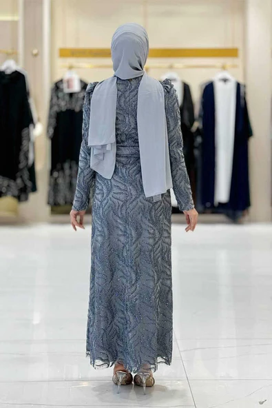 Dal Desenli Simli Tül Abiye Elbise 1140 Gri - Resim 2