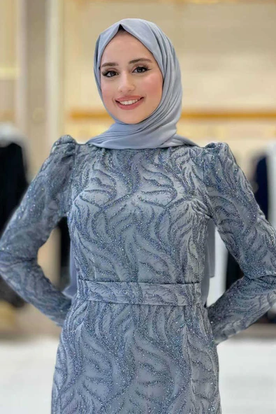 Dal Desenli Simli Tül Abiye Elbise 1140 Gri - Resim 4