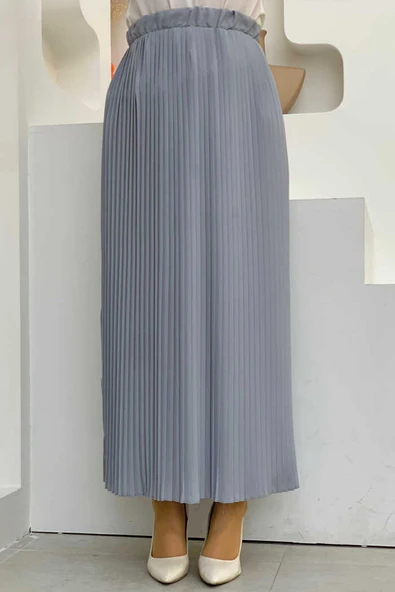 Bel Lastikli Piliseli Şifon Etek 1152 Gri - Resim 2