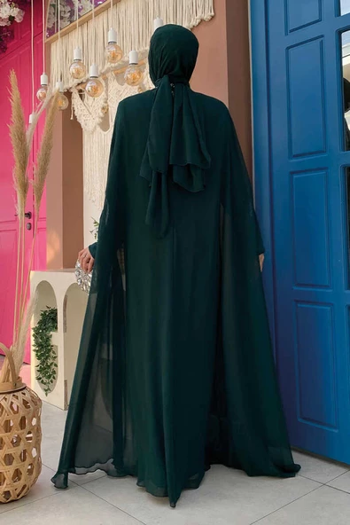 Taş İşleme Detaylı Elbiseli Pelerin Takım 3875 Zümrüt - 2